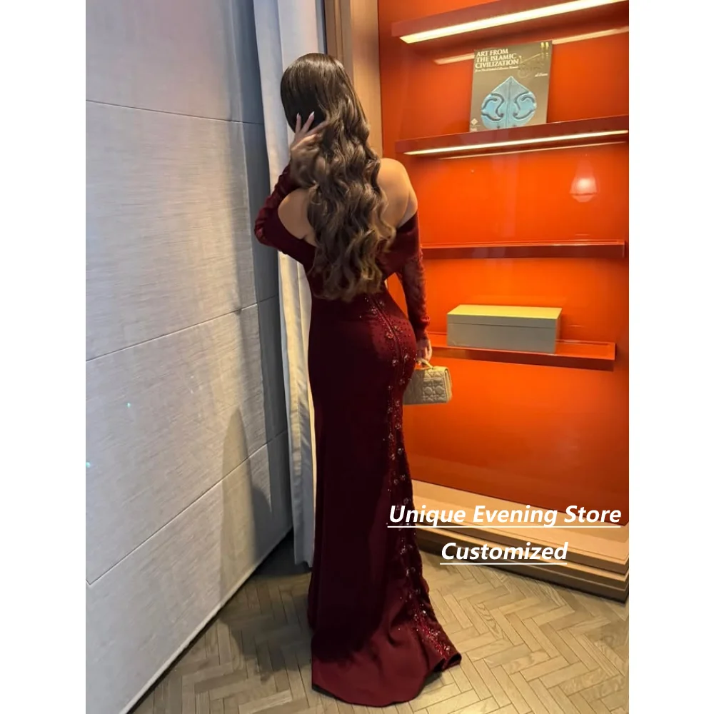 Customized Burgundy Stretch Crepe Mermaid Mother of the Bride Dresses Off Shoulder Lace Sleeve Rhinestone Side Formal Dress