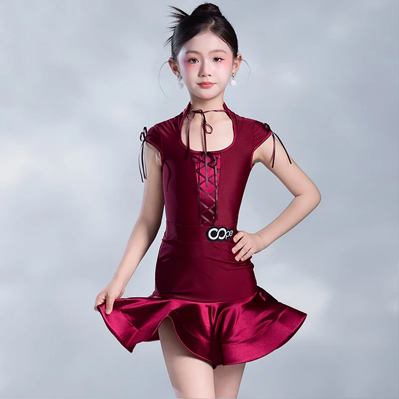 

Girls Latin Dance Costume Childrens Samba Training Clothing Performance Clothes Latin Dance Wine Red Fishbone Skirt Set XH2753