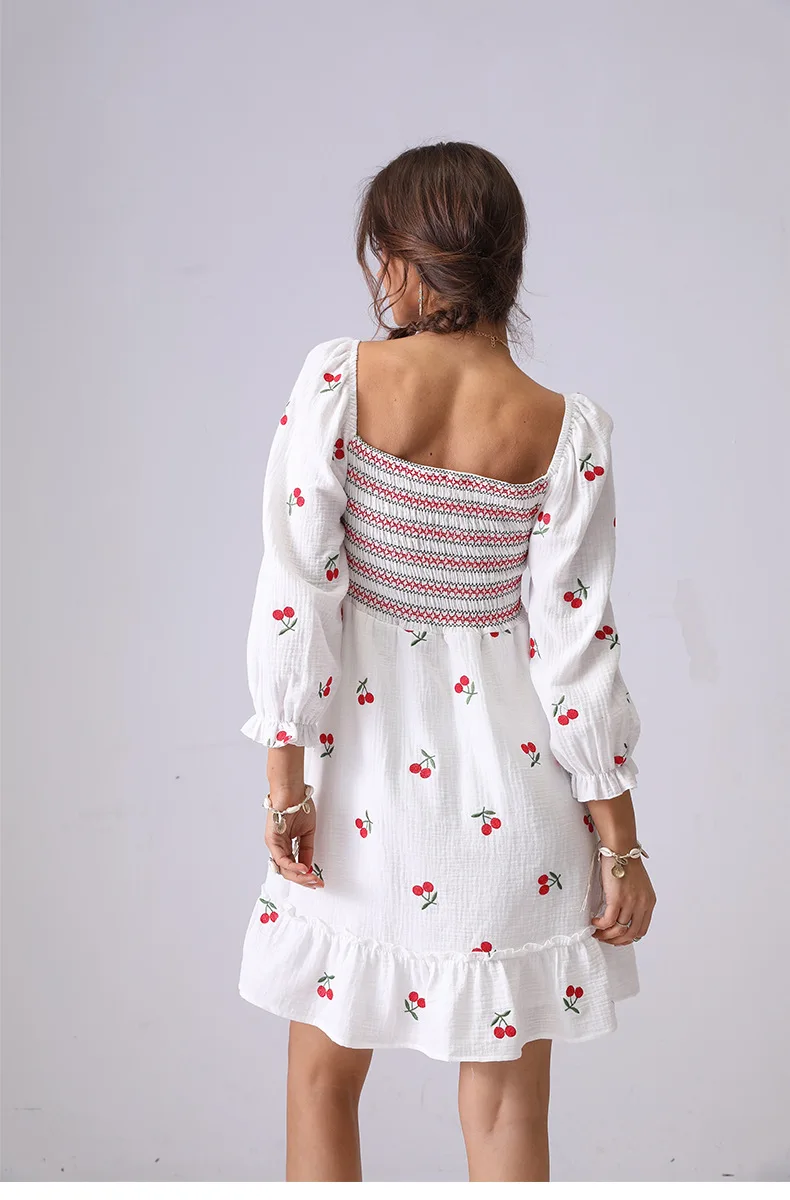 2025 Spring And Summer Short Women's Dress Cute Cherry Embroidery Dresses Square Neck Long Sleeve Boho Holiday Mini Dress