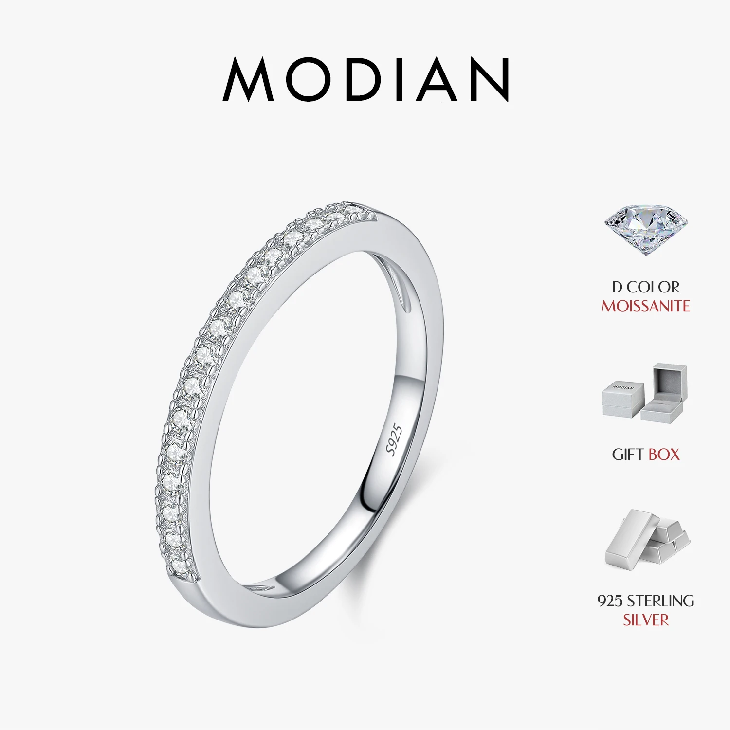 MODIAN 925 Sterling Silver Classic Simple Round D Color Moissanite Stackable Finger Rings For Women Fine Jewelry