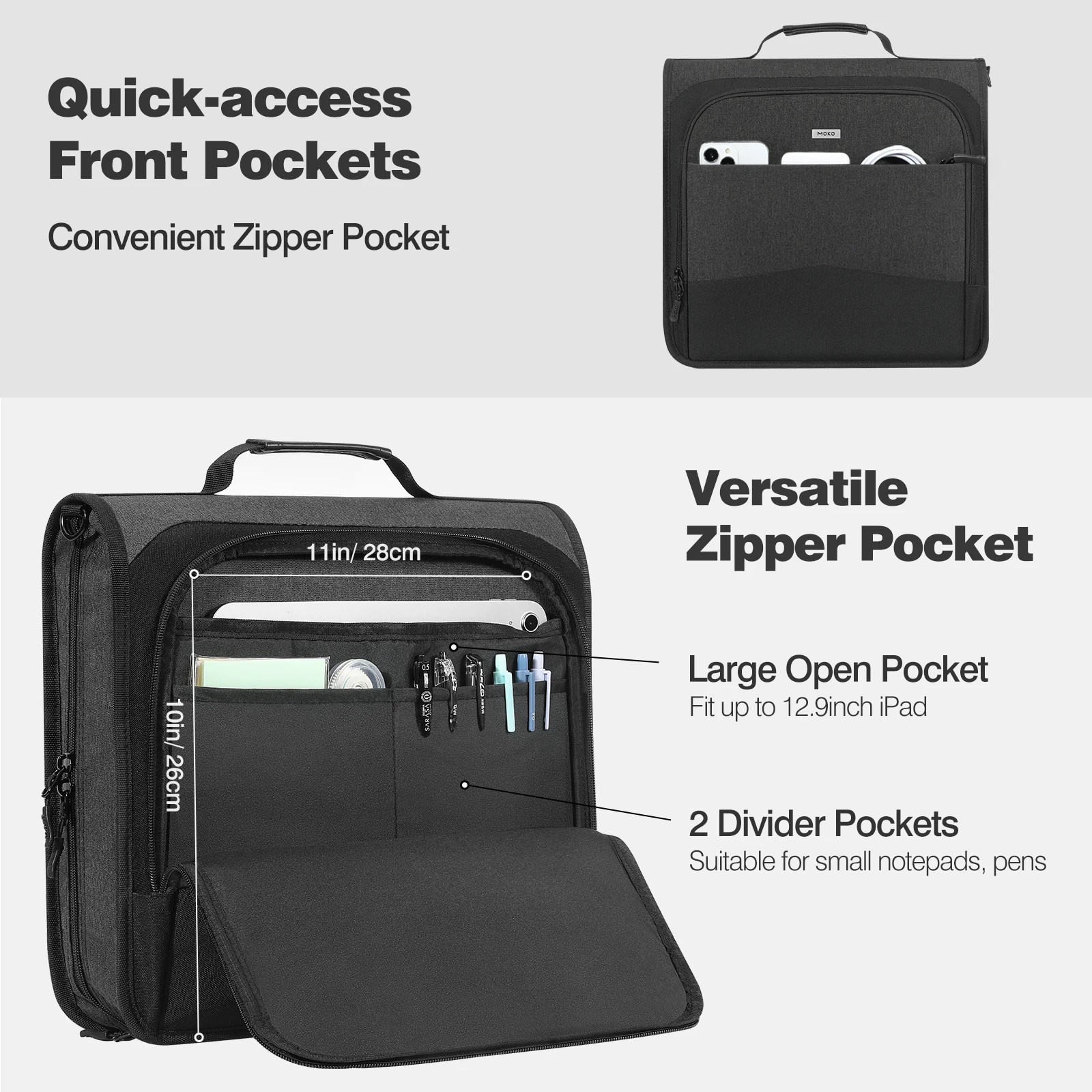 MoKo Zipper Binder 3-Inch 3-Ring Waterproof 900D Polyester with Six Dividers, Multiple Pockets, A Handle and Shoulder Strap