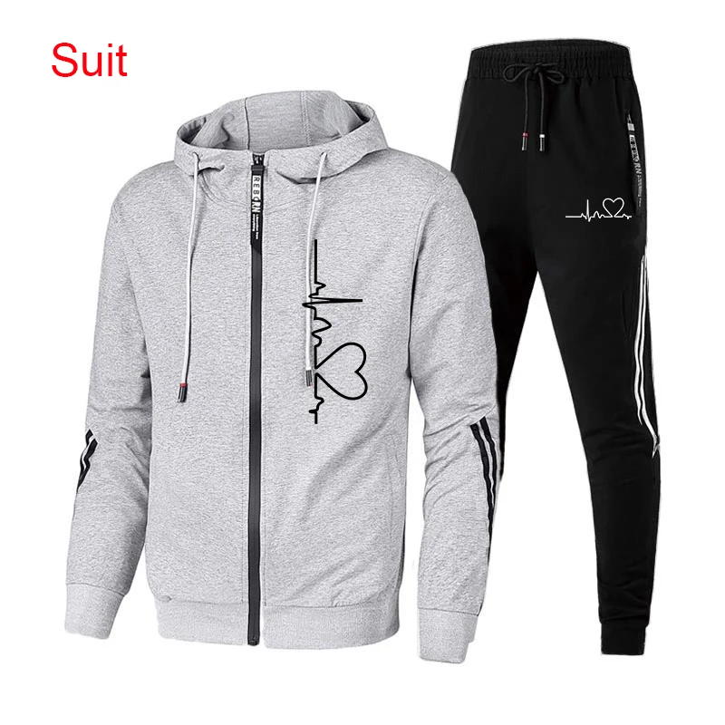 High Quality Men's Clothing Heart Print Hooded Sweatshirts Fitness Trousers Casual Jogging Zipper Jacket Autumn Warm Tracksuit