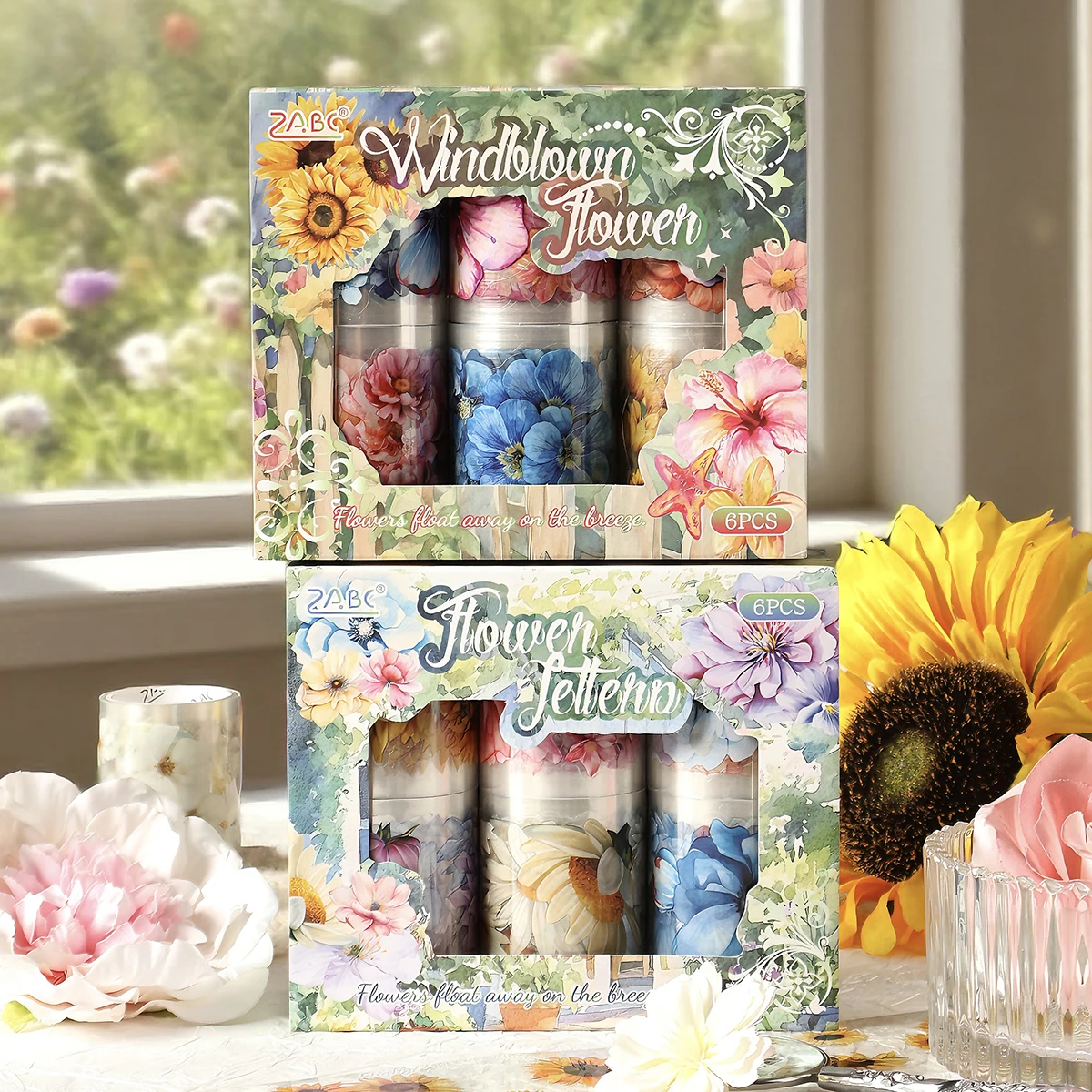 6 Rolls/Box Creative PET Material Stickers, Featuring Various Floral Plant Patterns, DIY Scrapbooks Photo Album Decoration Mater