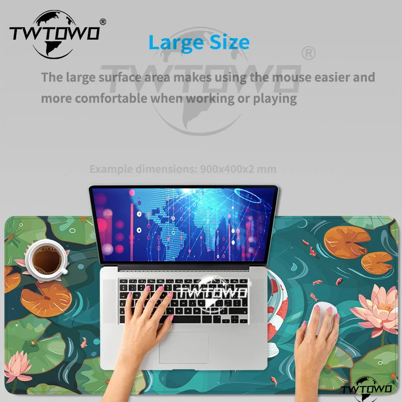 แผ่นรองเมาส์ลายบ่อปลาคาร์ฟพร้อมดอกบัวสำหรับเล่นเกม พิมพ์ตามสั่ง ความละเอียดสูง ขนาดใหญ่พิเศษ XXL แผ่นรองเมาส์กันลื่นสำหรับแล็ปท็อป