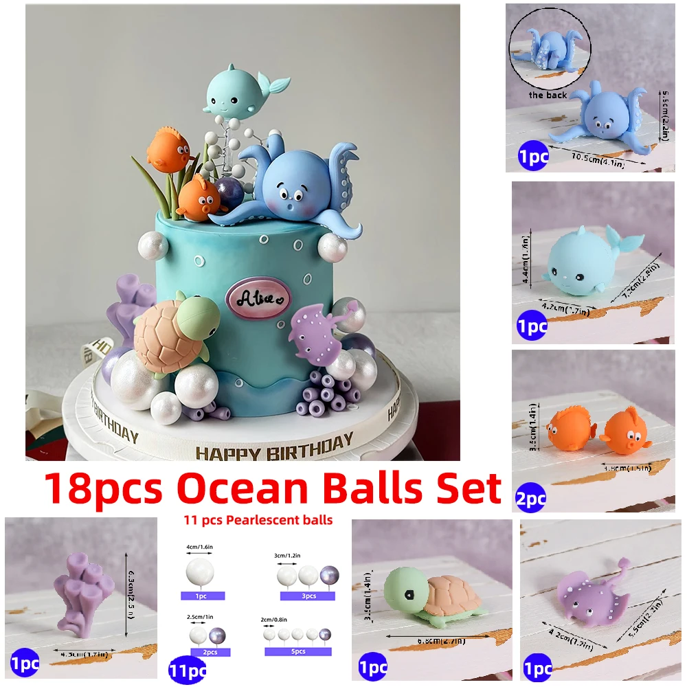 Ocean Cake Decoration Octopus, Turtles, Whales, Poofish, Manta Rays for Kids Happy Birthday Party Cake Topper Baby Shower Gifts