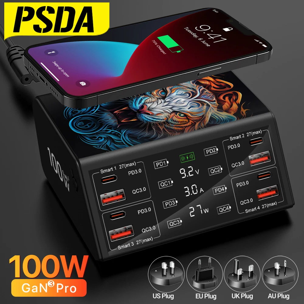 

PSDA 100W QCPD3.0 USB Charger Wireless Chargers Quick Charge 8 Port Fast Charger Charging Station For IPhone