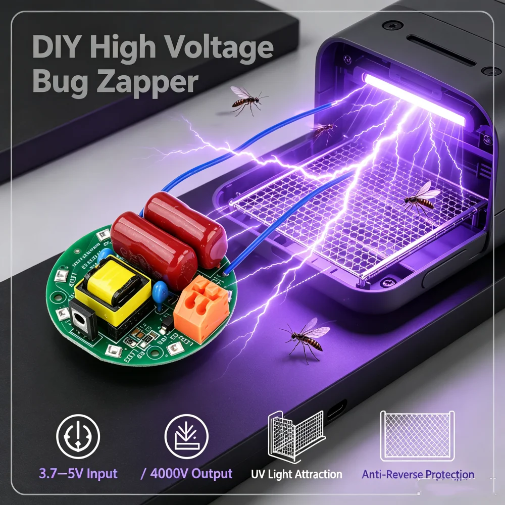 Convertisseur Boost DC 3.7V 5V vers 4000V, Carte Mère avec Lumière Violette, Double Condensateur, Efficace et Sûr pour l'Éradication des Moustiques