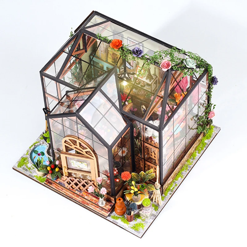 DIY ไม้ Miniature Model Kit Jenny Greenhouse Casa บ้านตุ๊กตา 3D ปริศนาตุ๊กตาพร้อมไฟเฟอร์นิเจอร์สําหรับของขวัญเพื่อน