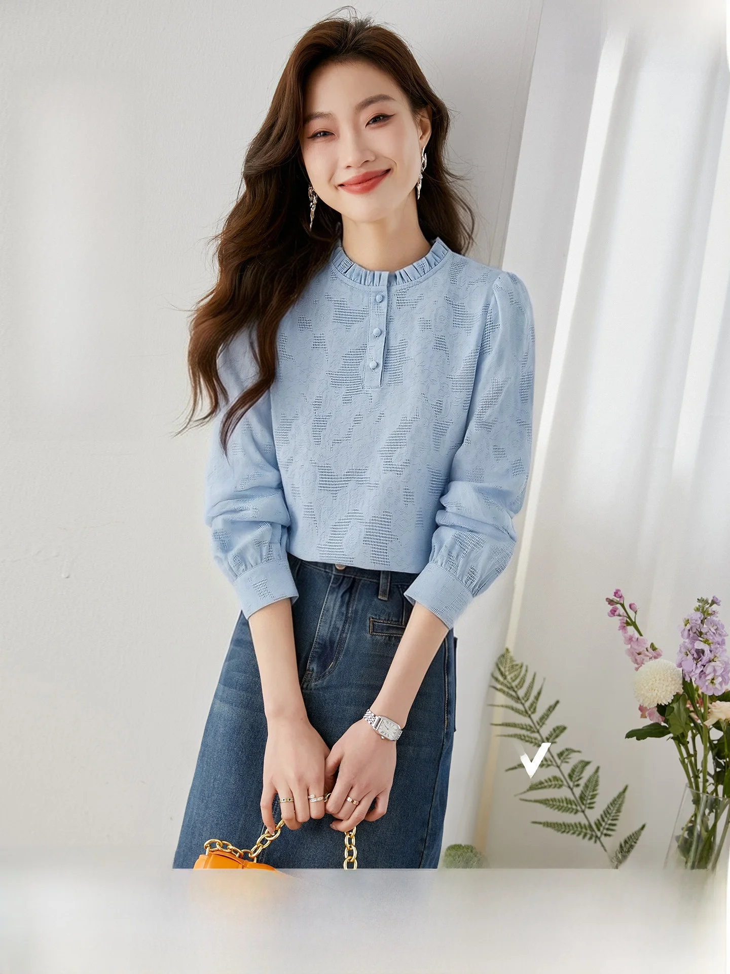 

Рубашка из чистого хлопка с длинными рукавами и круглым вырезом, женская, повседневная, весенняя, новый дизайн, модная, удобная, хорошо сидящая по фигуре