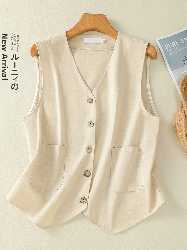 

European Sle Cotton Linen Suit Vest Women Summer Loose Thin Svel V-ne Jaet Top Button up Pure Color Workwear