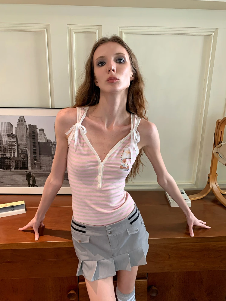 

Розовый полосатый жилет с медведем и лампой, женский облегающий летний жилет с винтажным принтом для поездок на работу, хлопковый жилет на бретельках Dr