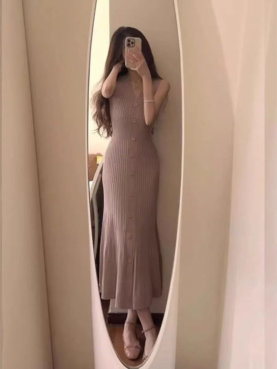 

Slimming Knitted Sleeveless Dress Korean Style Waist-Cinching Summer New Arrival Close-Fitting Long Vest Dress Tight Fit