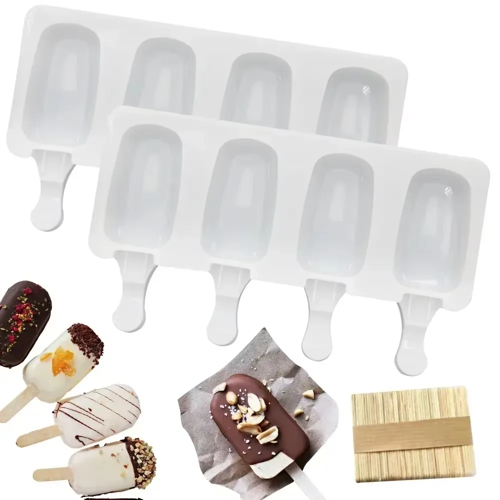 Juego de 4 moldes grandes de silicona para paletas de helado, moldes ovalados de 4 cavidades para cake pops y barras de helado, kit casero para hacer hielo, molde para helado