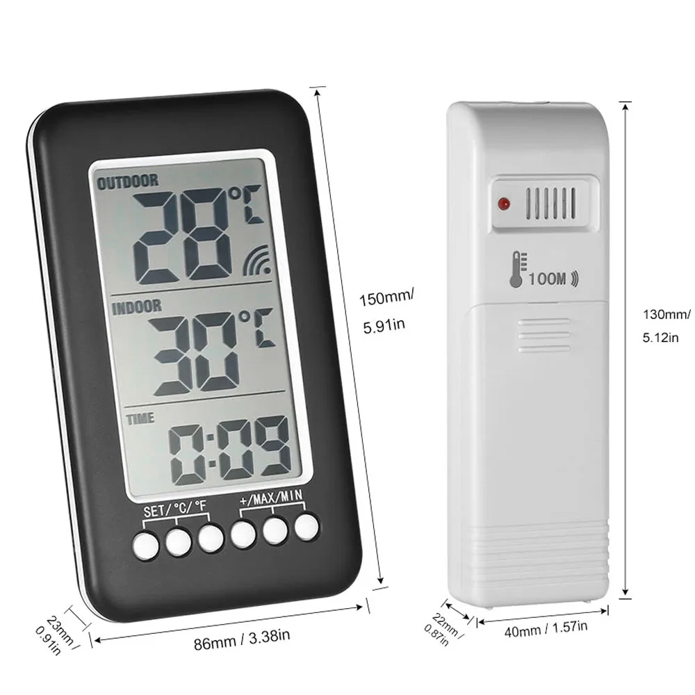 Imagem -03 - Termômetro Lcd sem Fio Digital Medidor de Temperatura com Transmissor Interior e Exterior 1224 Horas Relógio Display ° c ° f