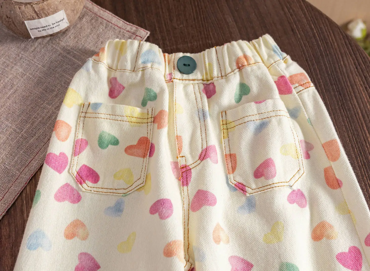 New Spring Autumn Kids Pants coloful heart printed children straight jeans Girls loose denim Trousers