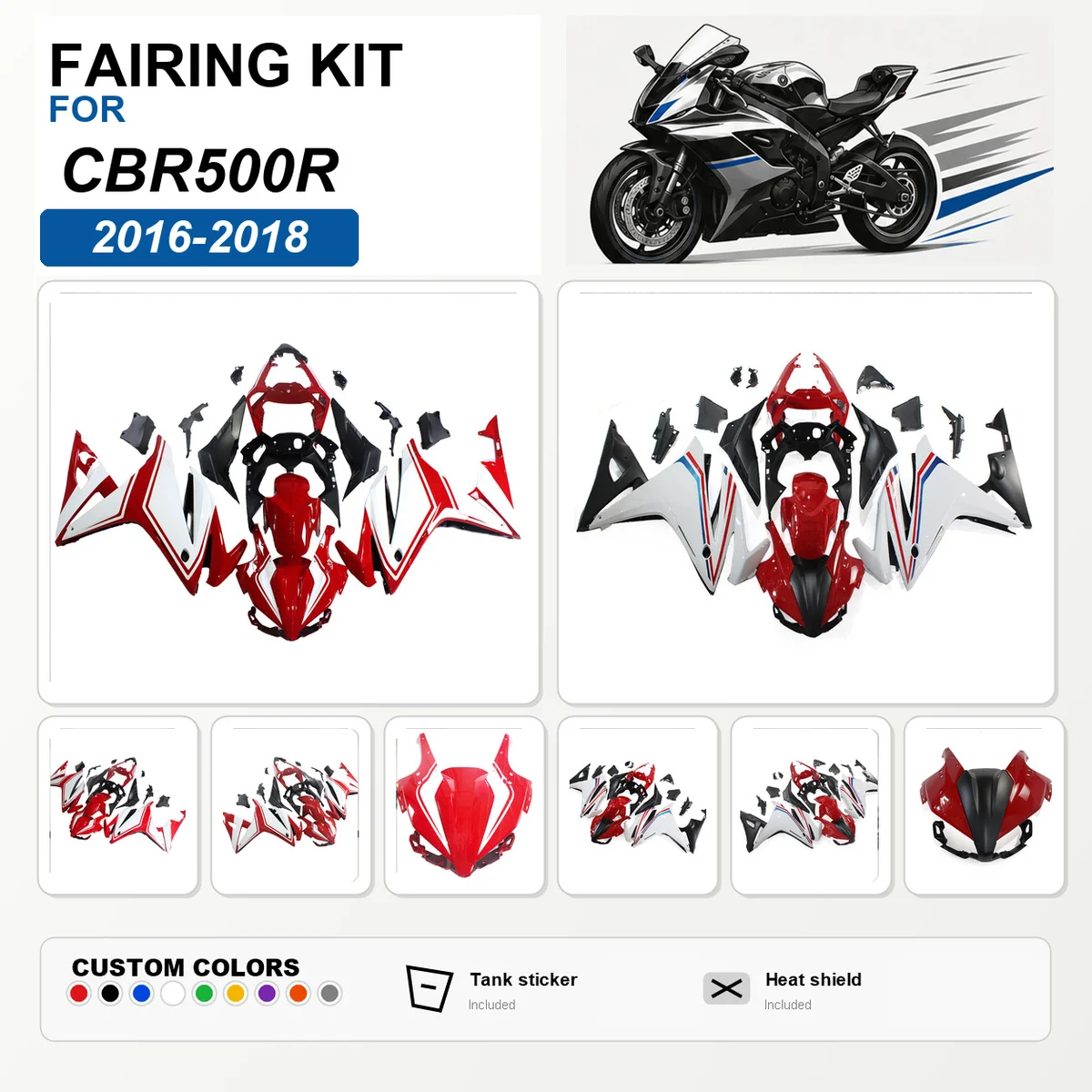 For CBR500R 2016 2017 2018 Motorcycle Fairing Kit ABS Plastic Custom Painted Fairings Bodywork Cowling White Red Black