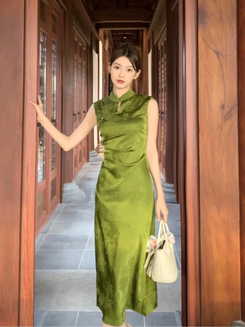 

Miiiix New Chinese Style Green Jacquard Slimming White Qipao Dress 2024 Women's Summer Standing Collar Dress Female Clothing