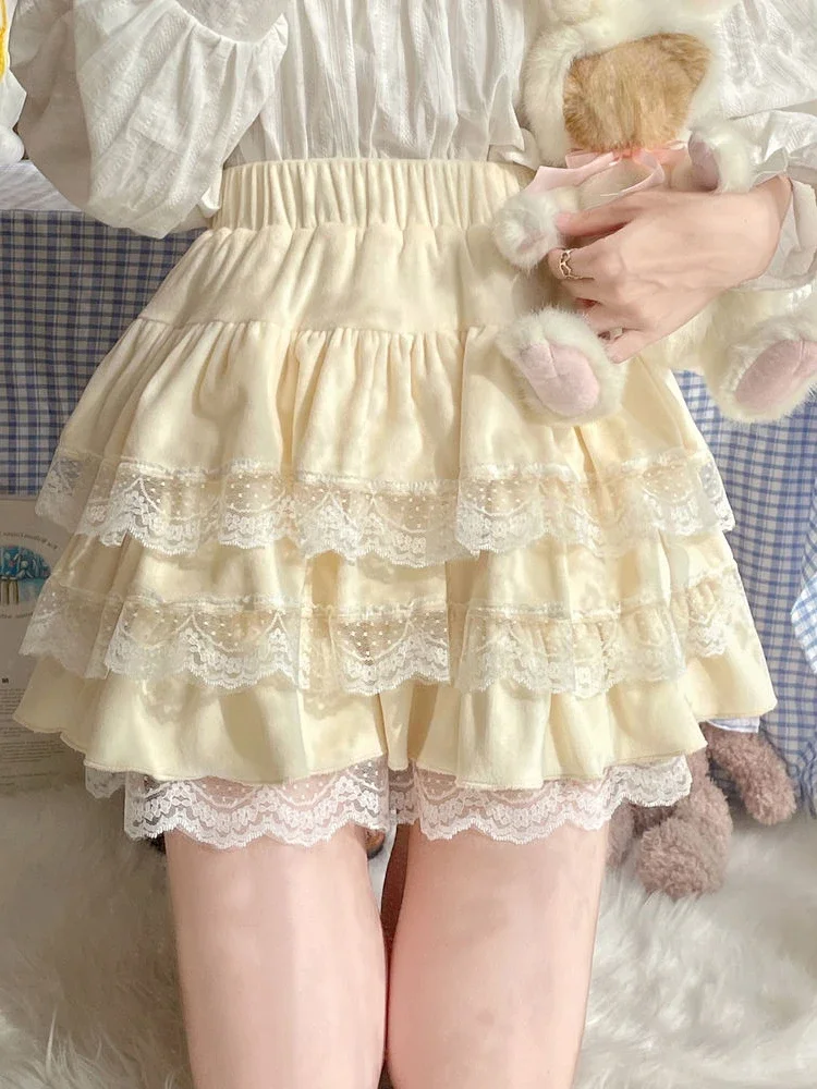 Lace Kawaii Lolita Skirt Women Elastic Sweet Cute Elegant A-line Skirts Female Casual Princess Party Mini Cake Skirt Faldas