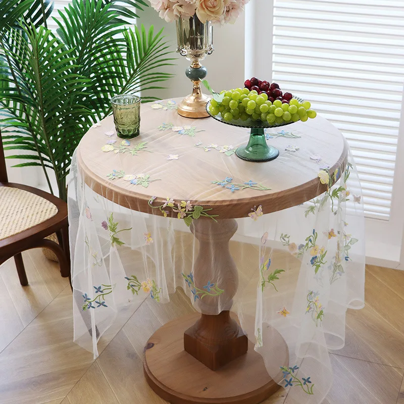 Cross-border transparent floral embroidered tablecloth, ins-style, for round tables, square tables, and long tables,