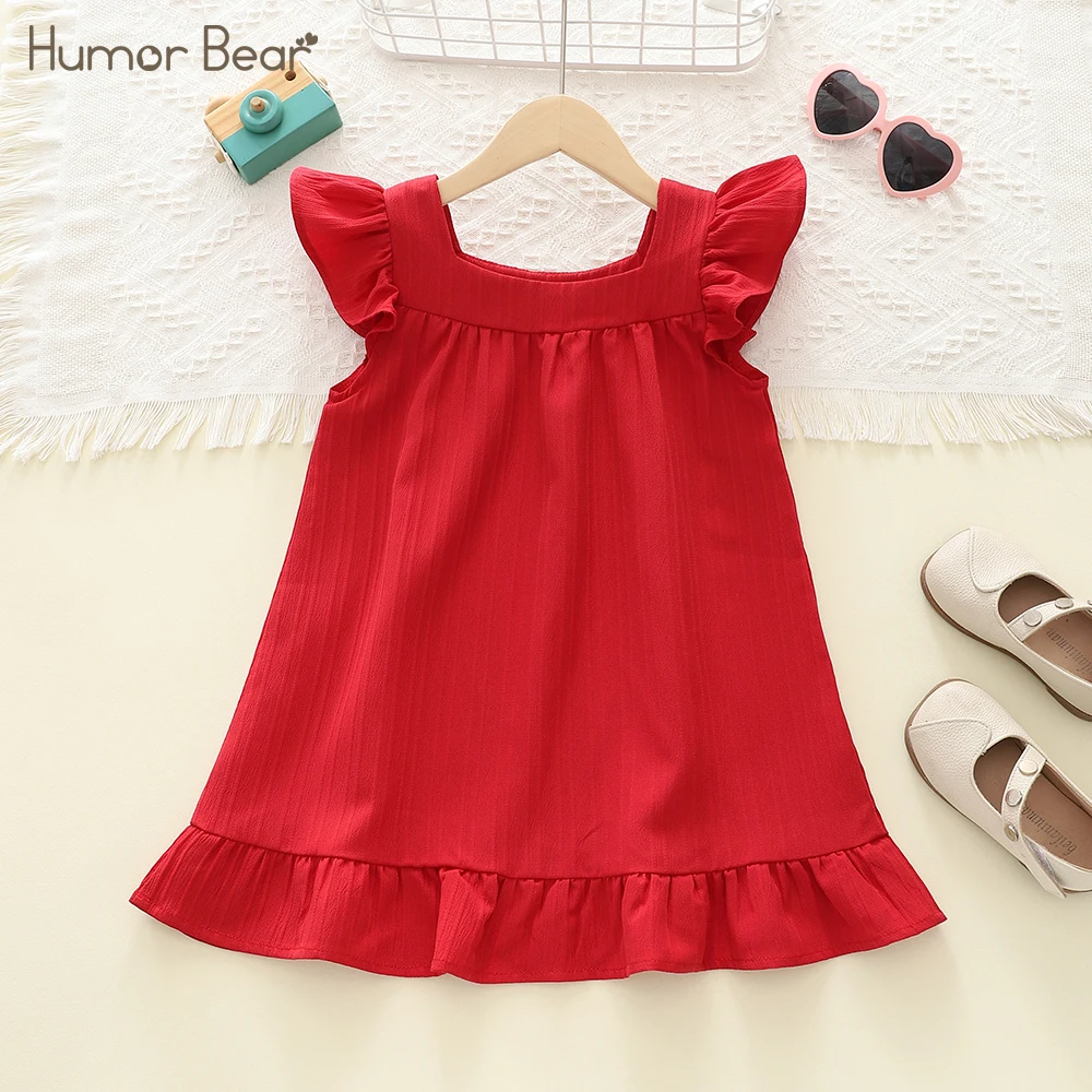 Humor Bear Summer Girls Children's Clothes Solid Color Flying Sleeve Square Collar Casual Style Girls Dress For 2-6 Years