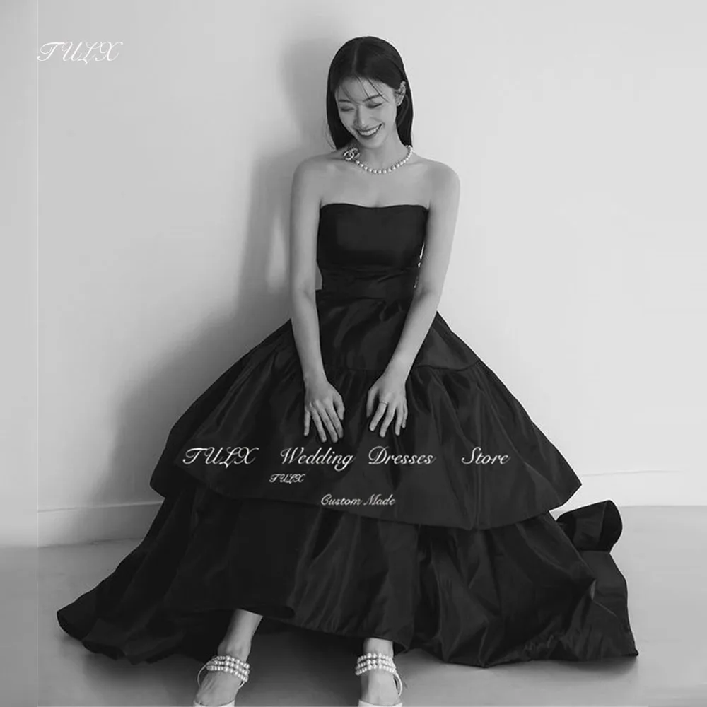 TULX Simple Strapless Black Evening Dress Korea A line Wedding Photo Shoot Long Tiered Floor Length Formal Party Custom Made