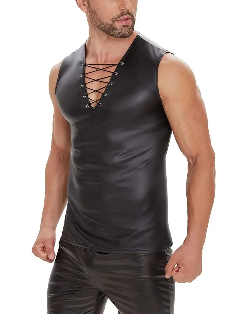 S-7XL Sleeveless Faux PU Leather Tank Top Deep V-neck Bandage Vest Tanktop Tight Bodybuilding Hot Shapers Muscle Shirt Shapewear