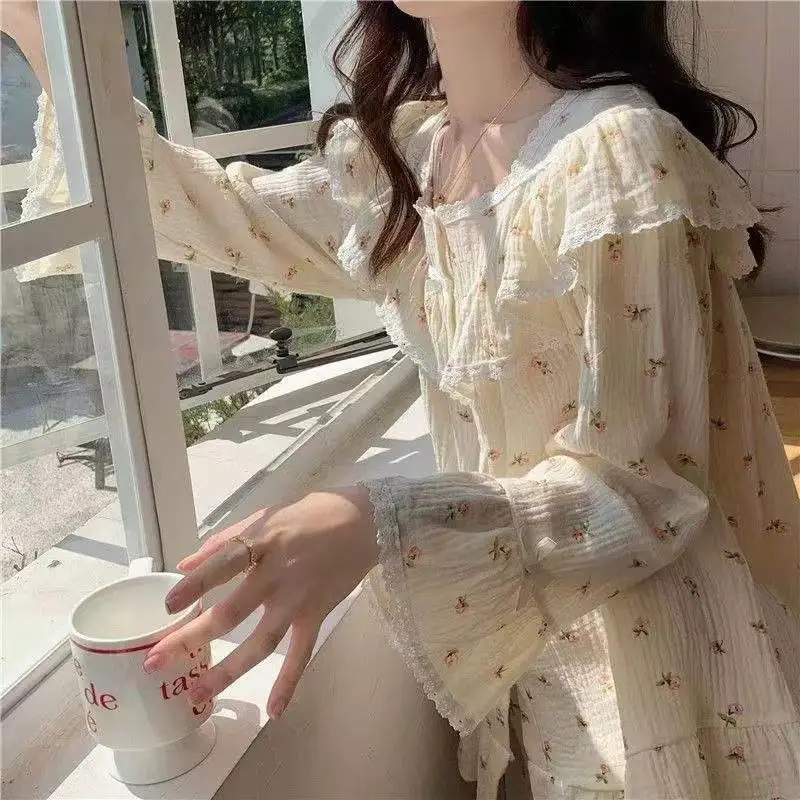 Floral Sleepwear Women Pajama Sets Ruffles Piiama Long Sleeve Pants Sets 2 Pieces Lace Night Wears Korean Autumn Home Suit New