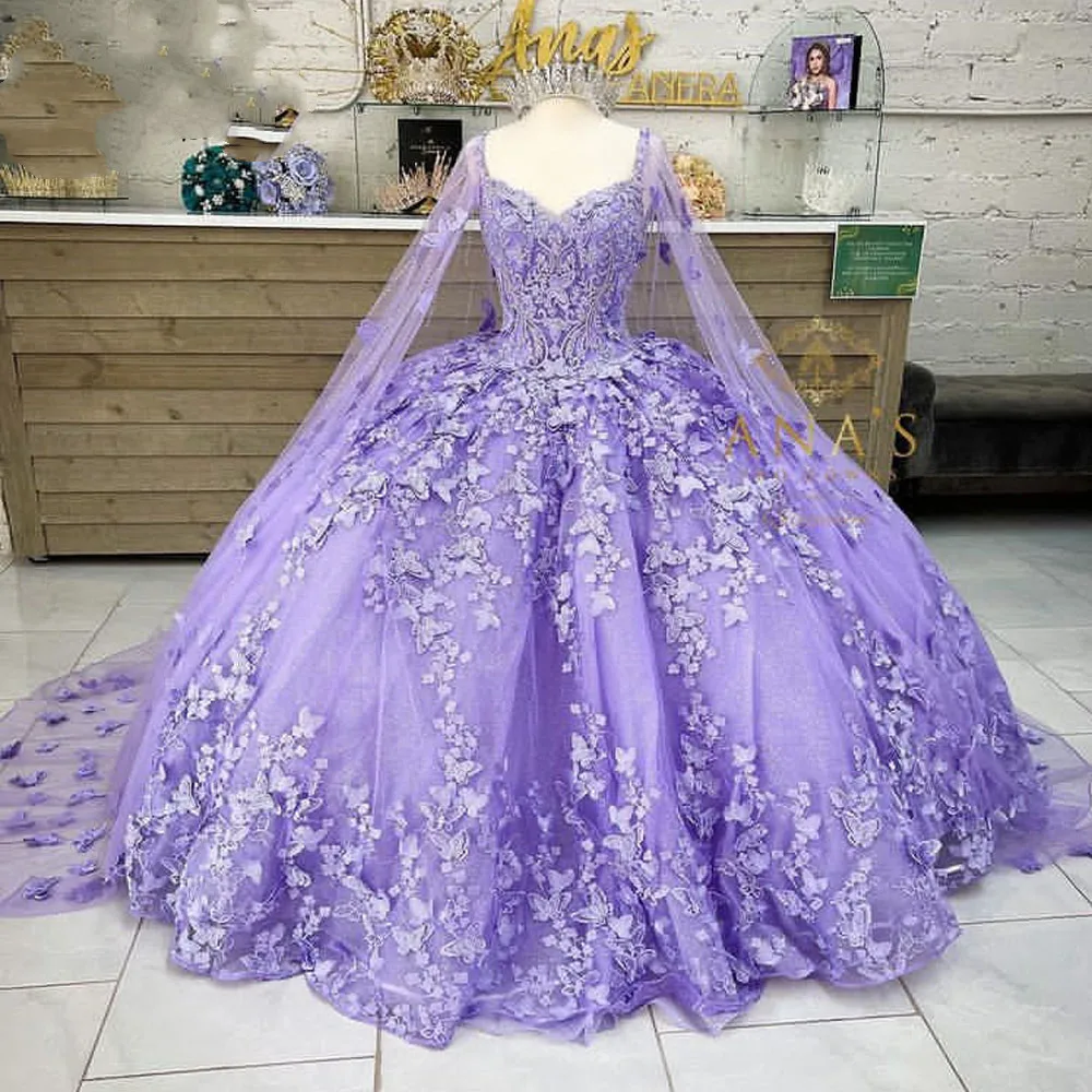 Romantic Butterfly lilac lavender Quinceanera Dresses with Cape Wrap Caftan Beaded Lace-up corset prom Sweet 16 Dress Vestidos