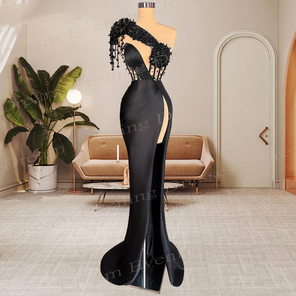 2025 arabski dubaj czarna syrenka wykwintne suknie wieczorowe jedno ramię frezowanie suknie na bal maturalny rozcięcie z boku dostosowane Vestido De Festa