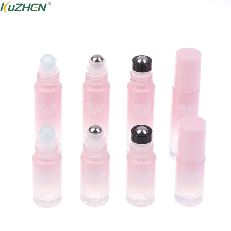 Thick Glass Roll On Bottles 5/10ml Gradient Color Empty Bottle Roller Ball Bottle For Essential Oil Travel Kit Love Shape Pink