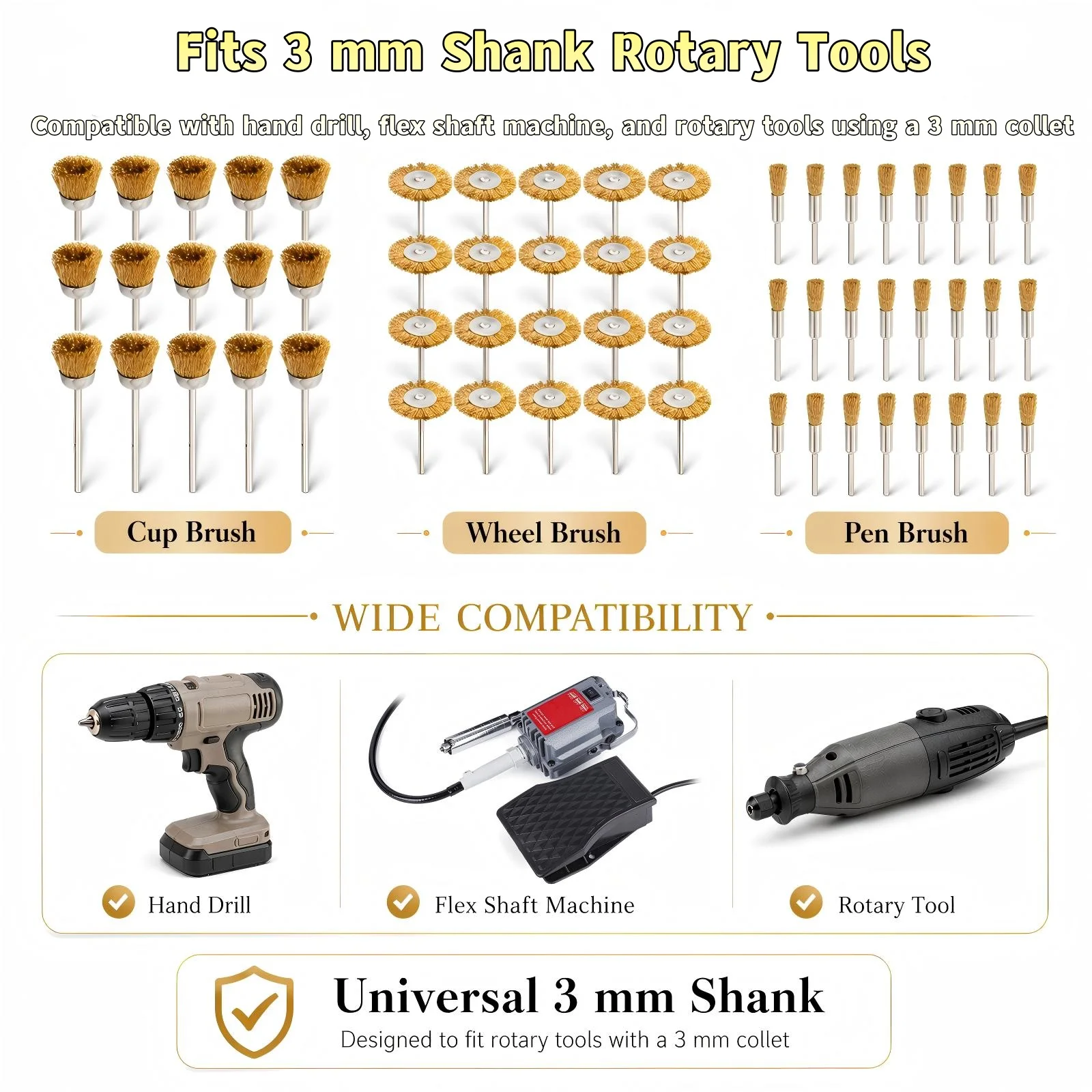 60Pcs Jewelry Making Tool Brass Wire Brush Set 3mm Shank Cup Wheel Pen Brushes Rust Removal Polishing Cleaning for Rotary Tools view 6