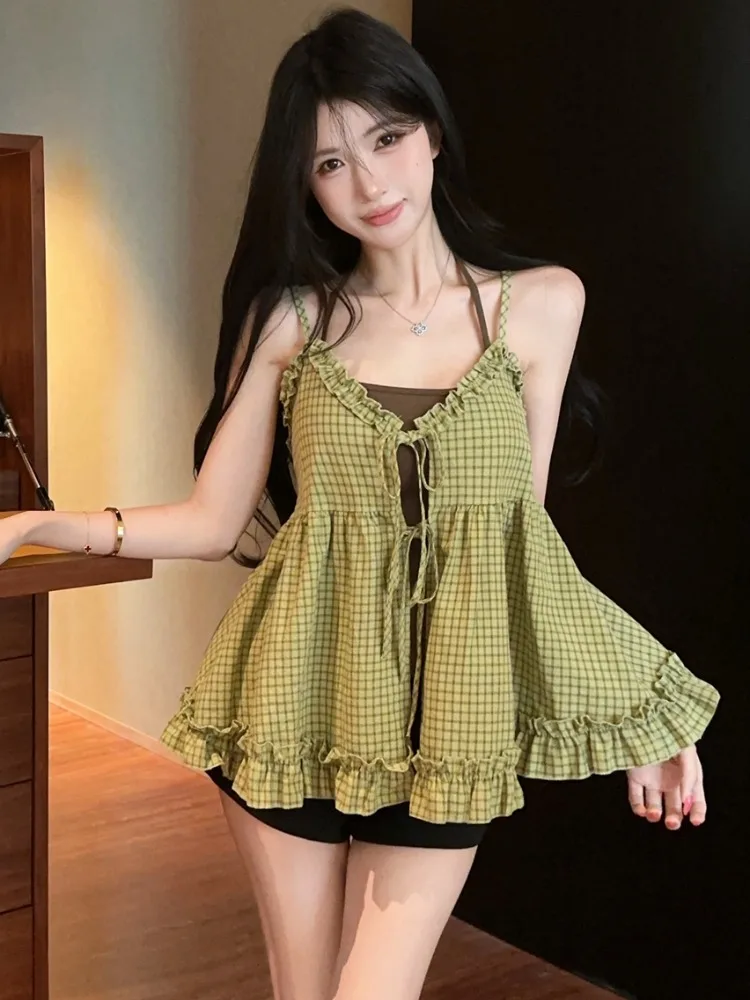 

Slim Fit Plaid Ruffle Trim V Neck Hollow out Belted Halter Dress Short Pants Summer New Two Piece Set Korean Style Commute