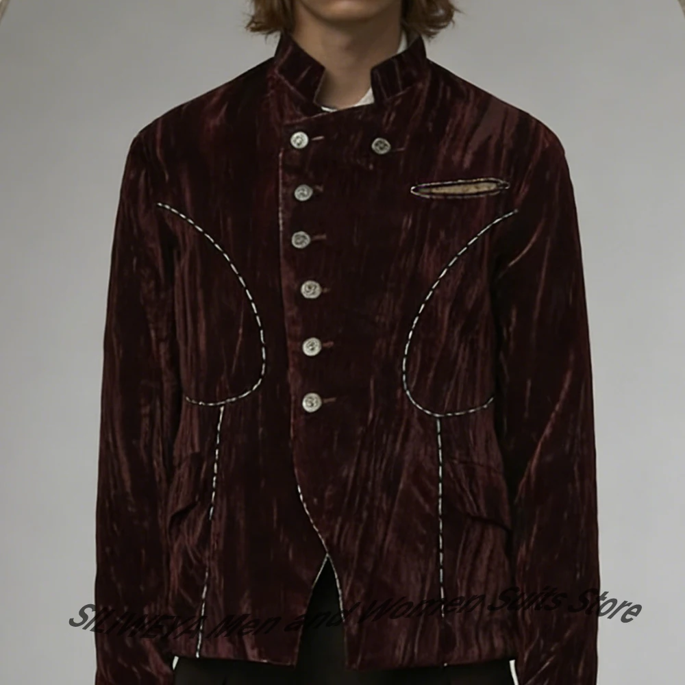 Men's Brown Crinkle Velvet Mandarin Collar Suit Single-breasted Jacket with Contrast Stitching Trendy Casual Formal 2-Piece Set