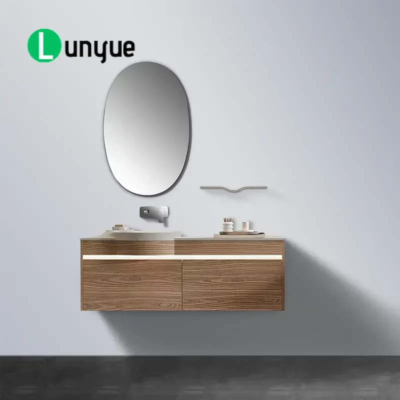 Walnut Bathroom Vanity Set Plywood Floating Wall Mounted with LED Light Strip Round Countertop Over Sink Oval LED Mirror