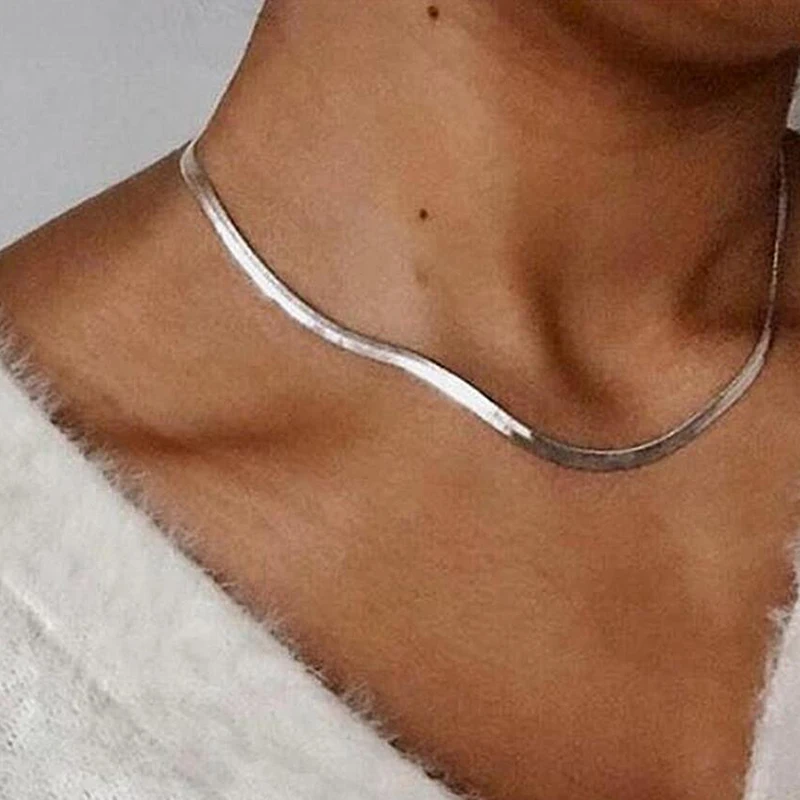 Aihua Punk Clavicle Flat Blade Snake Link Choker Necklace Unisex Gold Silver Color Stainless Steel Neck Chains For Women Jewelry