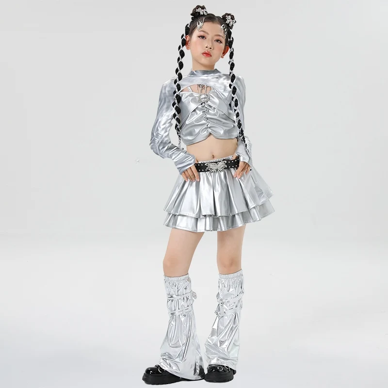 Silvery New Child Jazz Dance Set Dancing Competition Costumes for Girls Hip Hop Tops Skirt Party Stage Perform Outfits XH1443