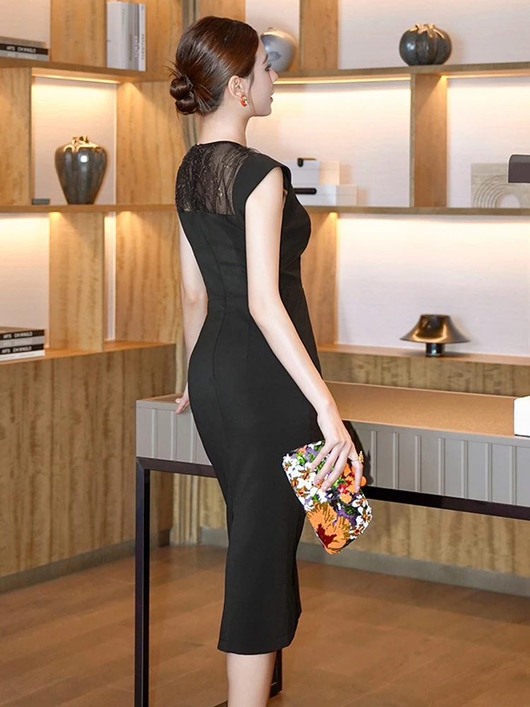 Vestiti delle donne Retro Pizzo Nero Sheer O-Collo Sottile Midi Abito a tubino Elegante Pendolarismo Lady Fashion Vestido Robe Occasione formale Nuovo