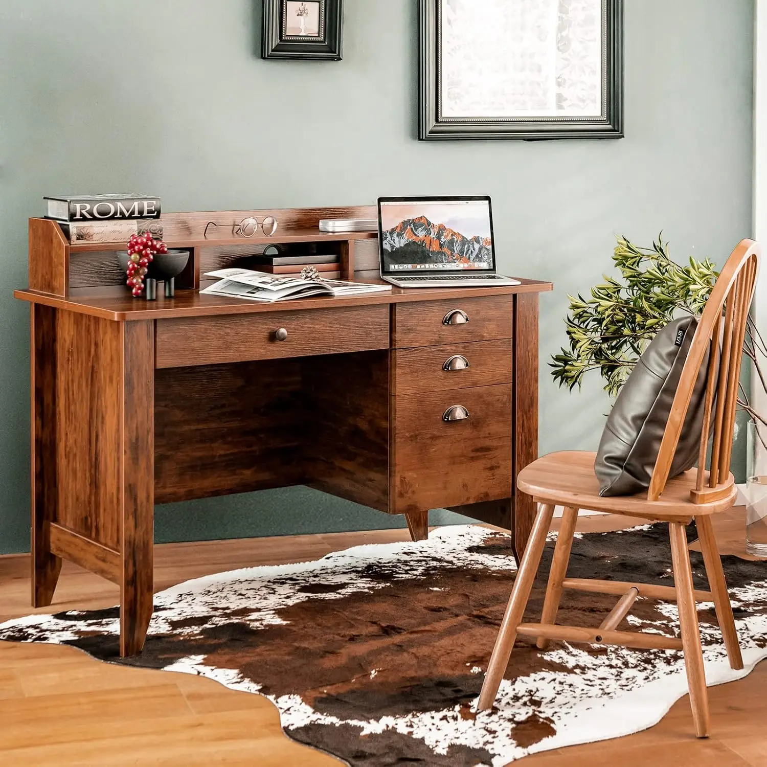 Tangkula Computer Desk With 4 Storage Drawers & Hutch, 48