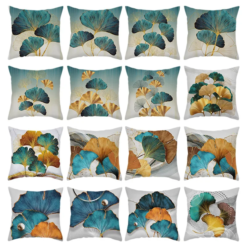 Hand Painted Ginkgo Leaves Pillows Case Polyester Short Plush Modern Floral Chair Cushions Case Living Room Decor Throw Pillows