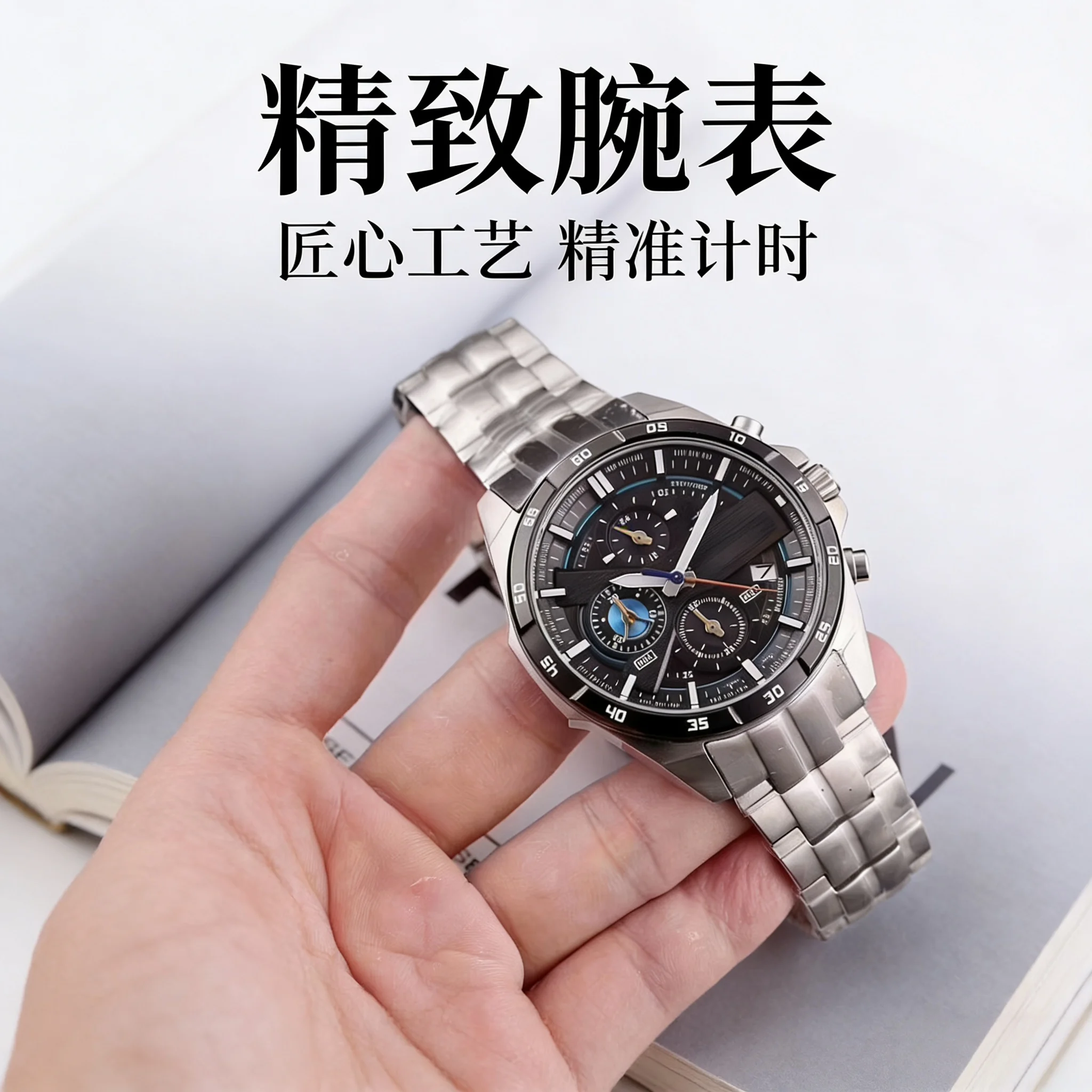 Reloj clásico de cuarzo de acero inoxidable con funciones de fecha y cronógrafo, disponible con correa de cuero o acero.