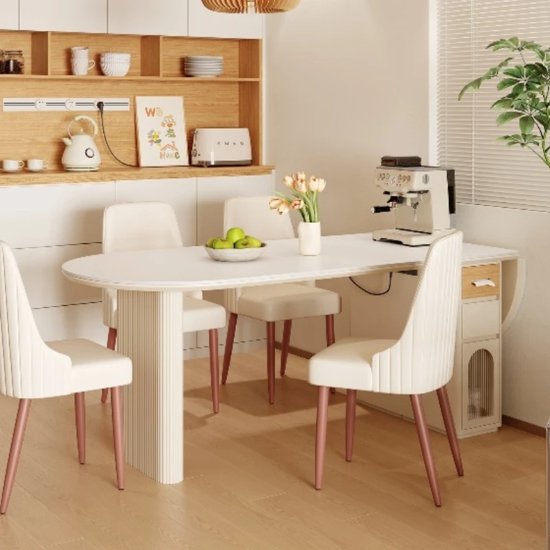 

French cream wind rock slab island dining table, foldable small apartment household semi-round dining table against the wall