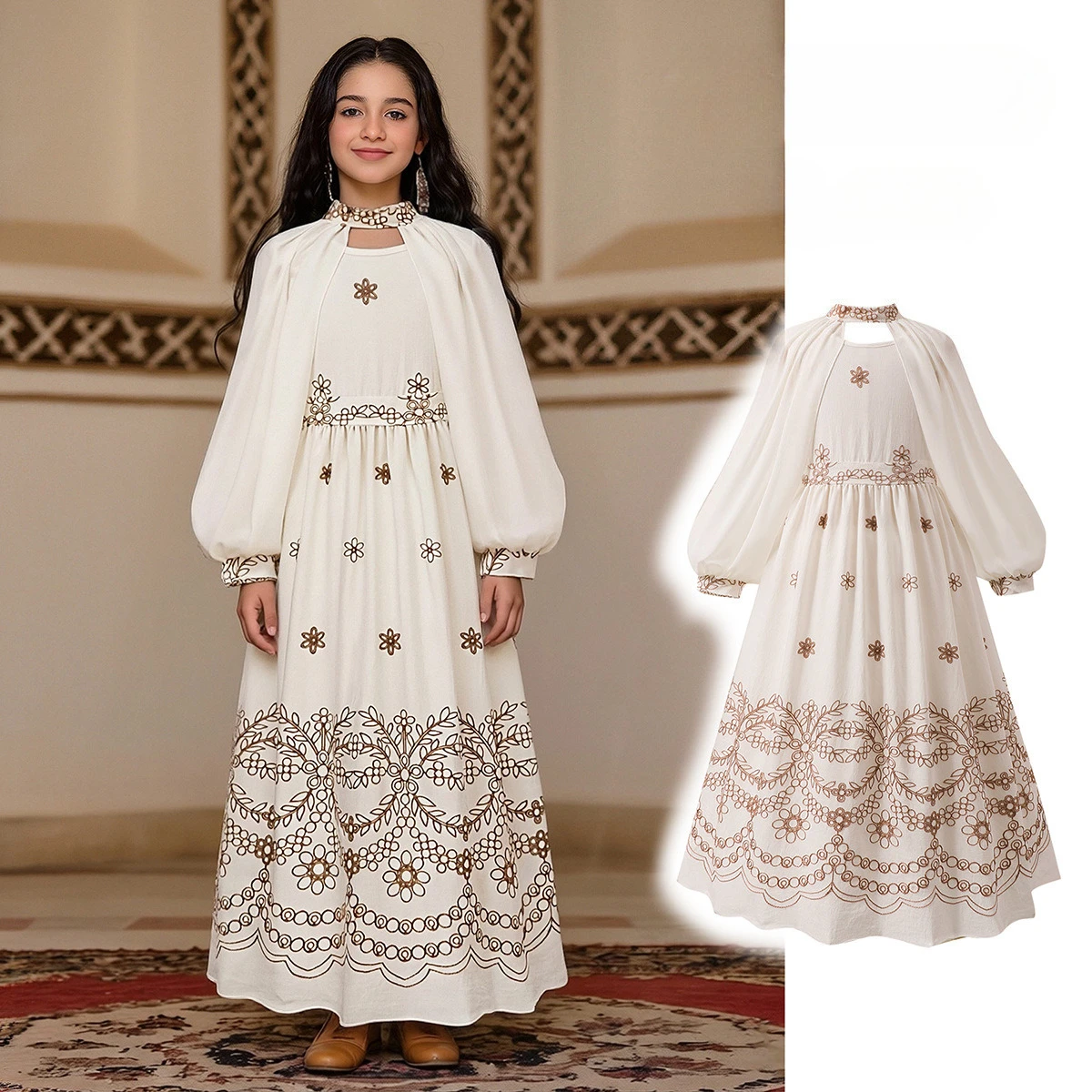 Girl Embroidered Maxi Dress with Detachable Cape Long Sleeve Princess Dress Elegant Flower Wedding Party Gown for Tween Girls