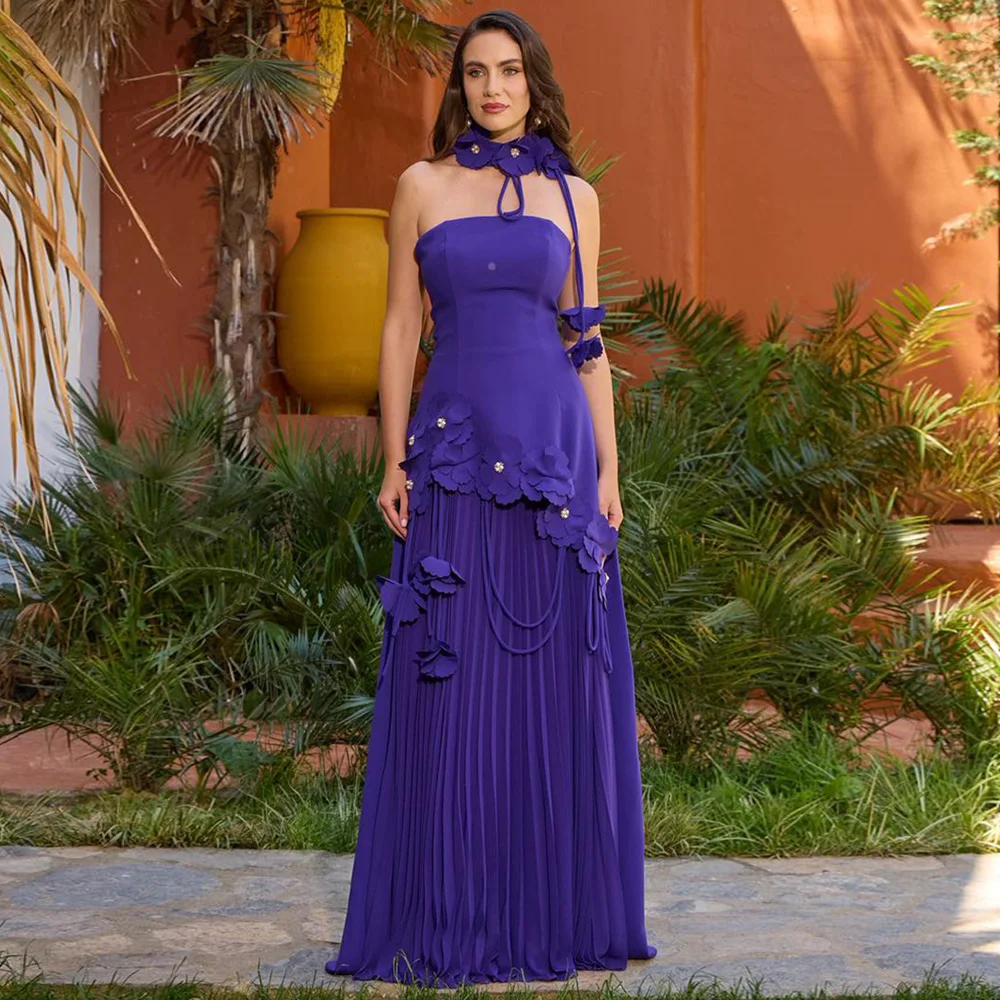 Nuovo abito da sera personalizzato senza spalline senza maniche che borda fiori piega una linea abito da ballo arabo saudita فساتmavera