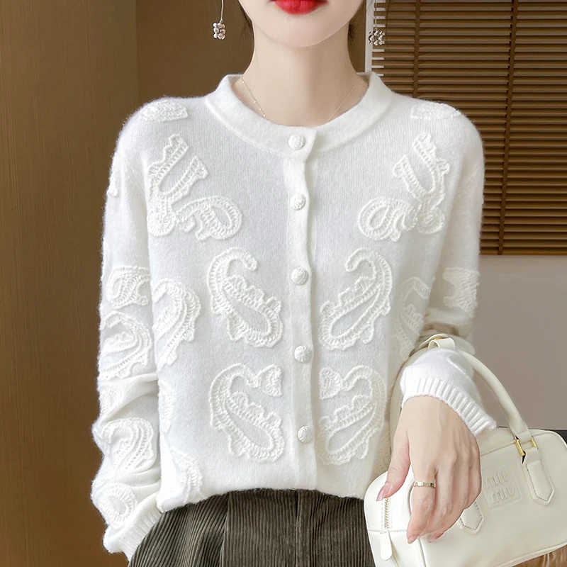 Women\'s Cardigan Autumn/Winter 100% Pure Wool Sweater Casual Knitwear Thick Round Neck Loose Tops Korean Embroidery Blouse