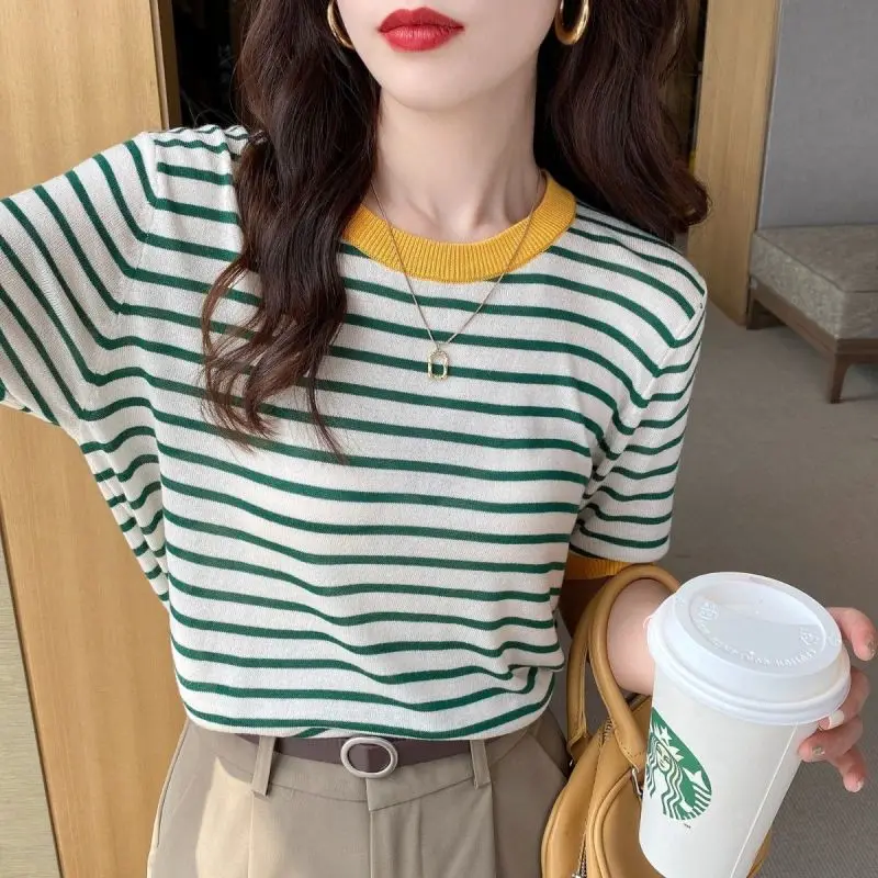 2024 new summer Korean style loose casual Simplicity T-shirts for women Striped knitting high waist O neck short sleeve Y2K tops