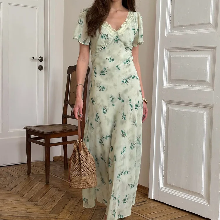 Light Green Floral Midi Dress Lace V Neck Short Puff Sleeve High Waist Ruched Slip Long Women Elegant Vacation Dress 260702