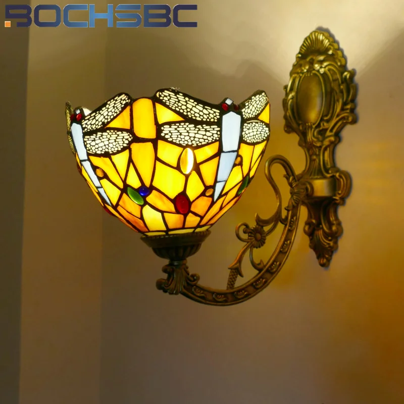 BOCHSBC Tiffany style Dragonfly stained glass retro wall lamp for decor lamp Bedroom bedside lamp living room hallway LED light