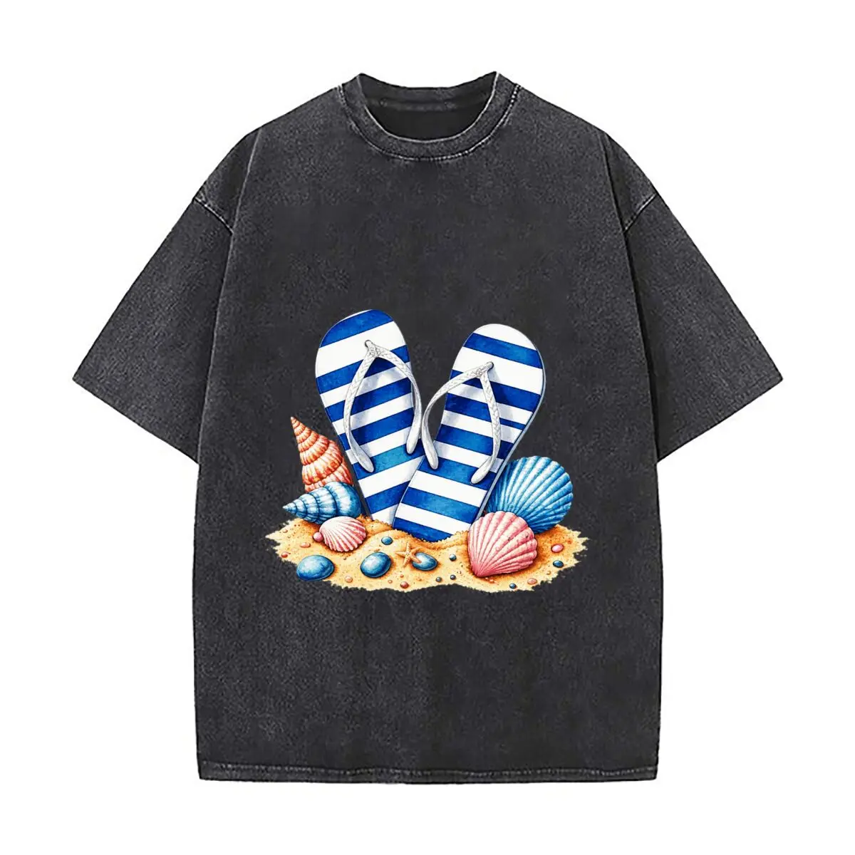 Blue White Striped Flip Flops Seashells Sandy Beach Washed Short Sleeve Loose Streetwear Tee Hip Hop
