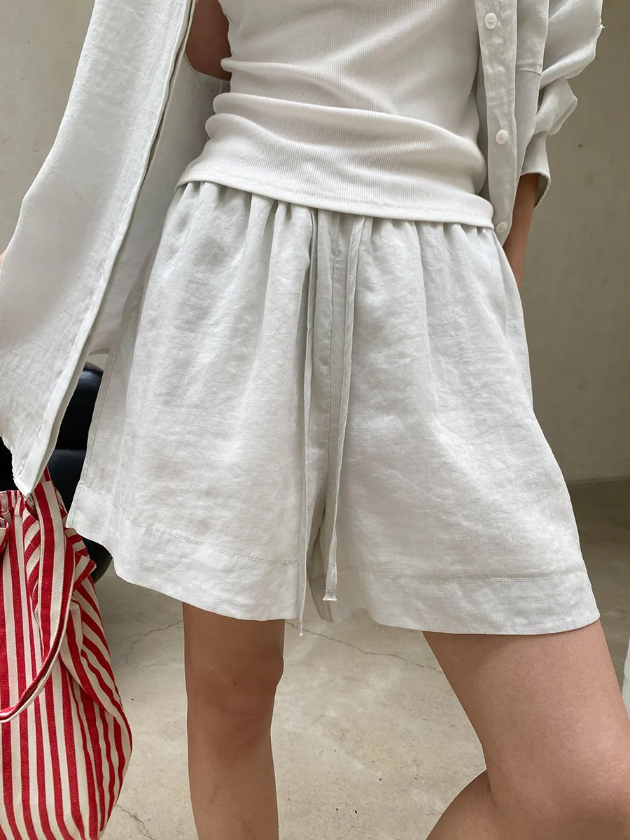 Sommer Damen Casual Einfarbiges Sonnenschutz-Kragen-Langarmshirt mit Kordelzug-Shorts, Lockeres Set – Detail 15