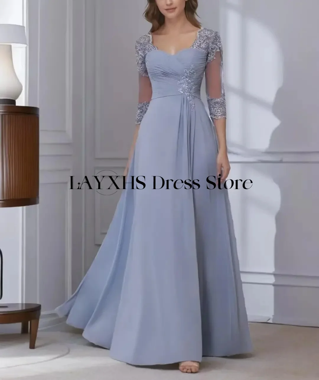 Layxhs alta qualidade pescoço quadrado mãe da noiva casamento 3/4 mangas apliques plissado vestidos de baile personalizados